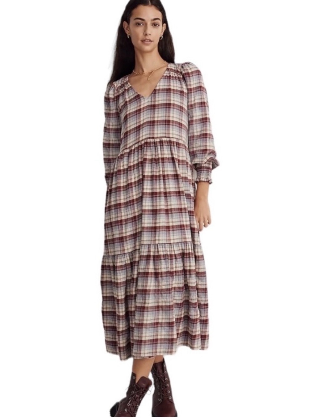Madewell Burgundy Plaid Tiered V-Neck Long-Sleeve Midi Dress